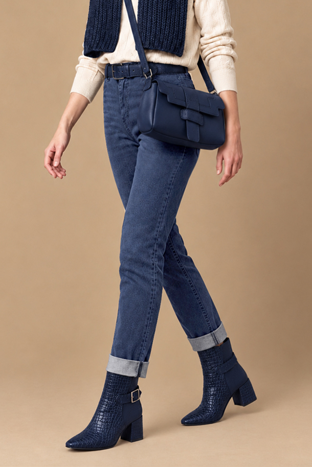 Dress ankle boots back buckles in navy blue leather with medium block heels and square toe - Worn view